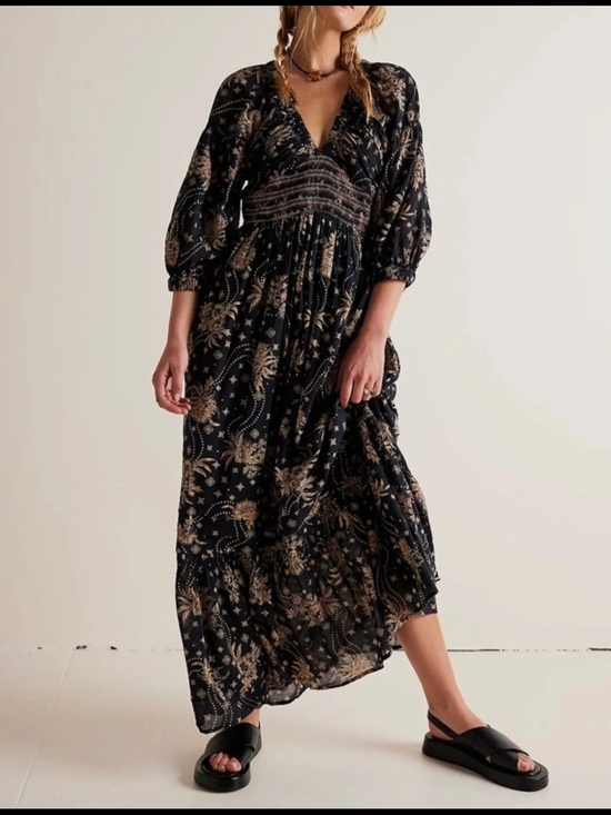 Free People Dresses & Skirts - Free People - Golden Hour Floral Maxi Dress - Black & Gold